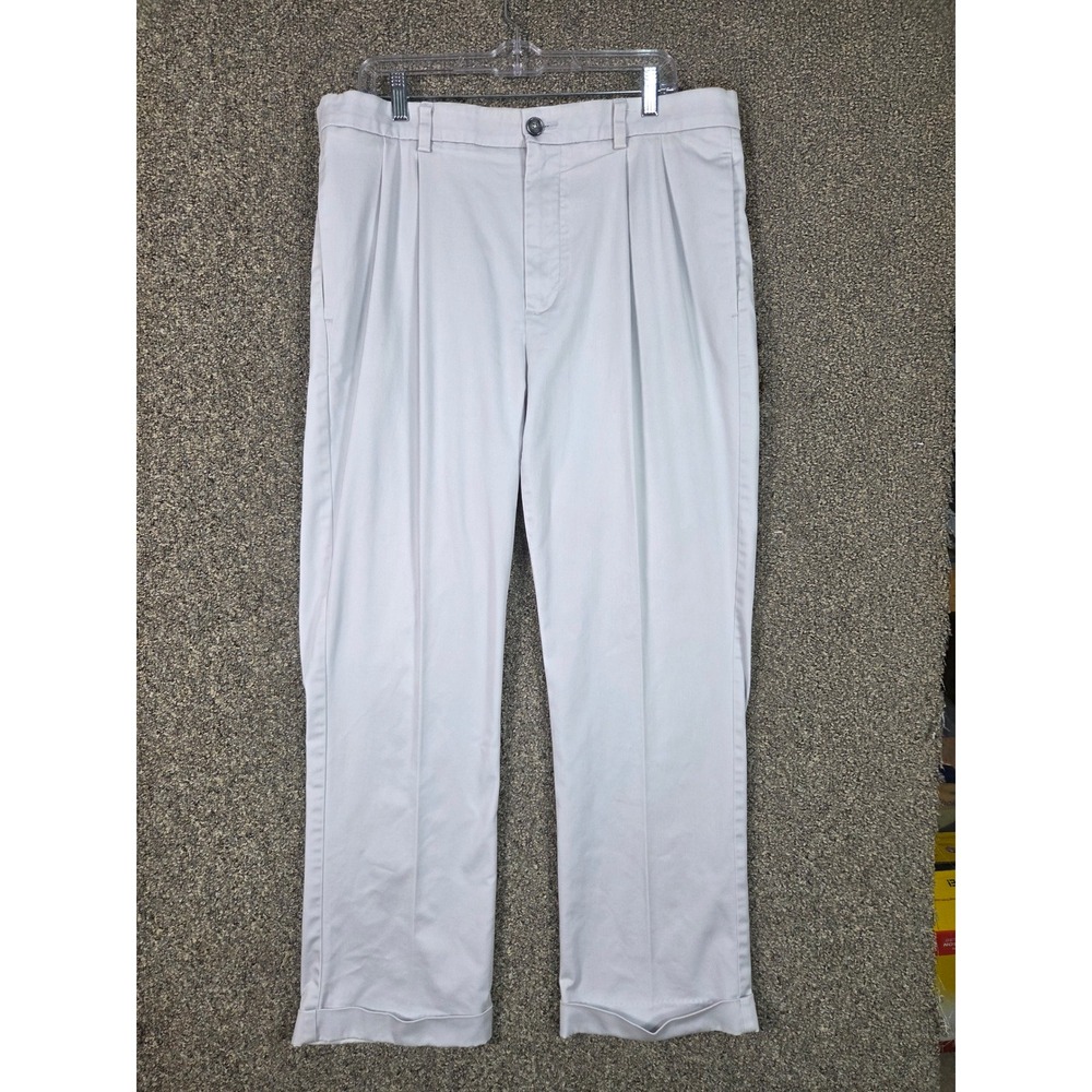 Roundtree & Yorke Total Flex Pants Mens 36x30 Gray Pleated Cuffed Chinos